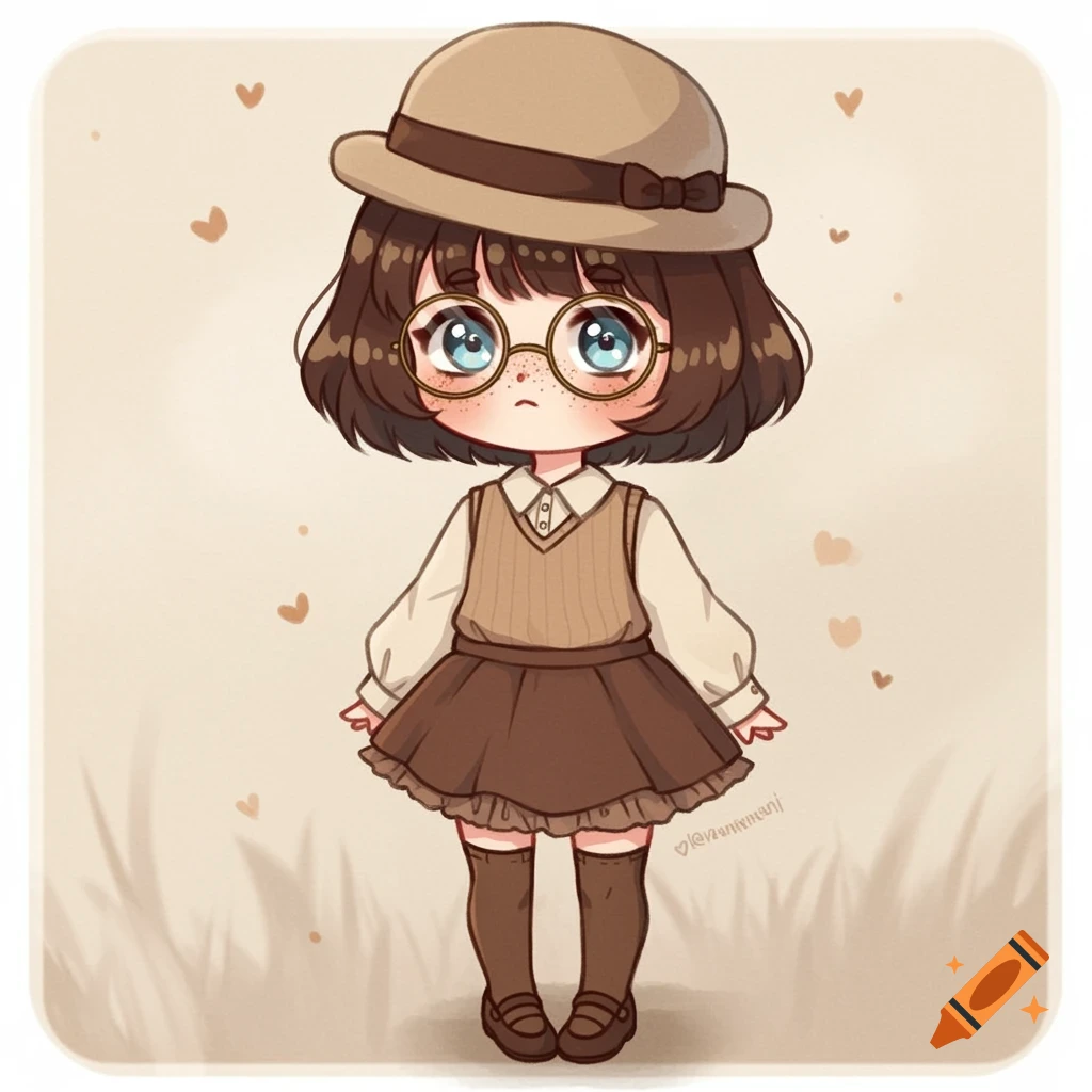 A cute chibi anime girl in a beige hat, round glasses, and brown outfit with a frilly skirt, standing on a light background.