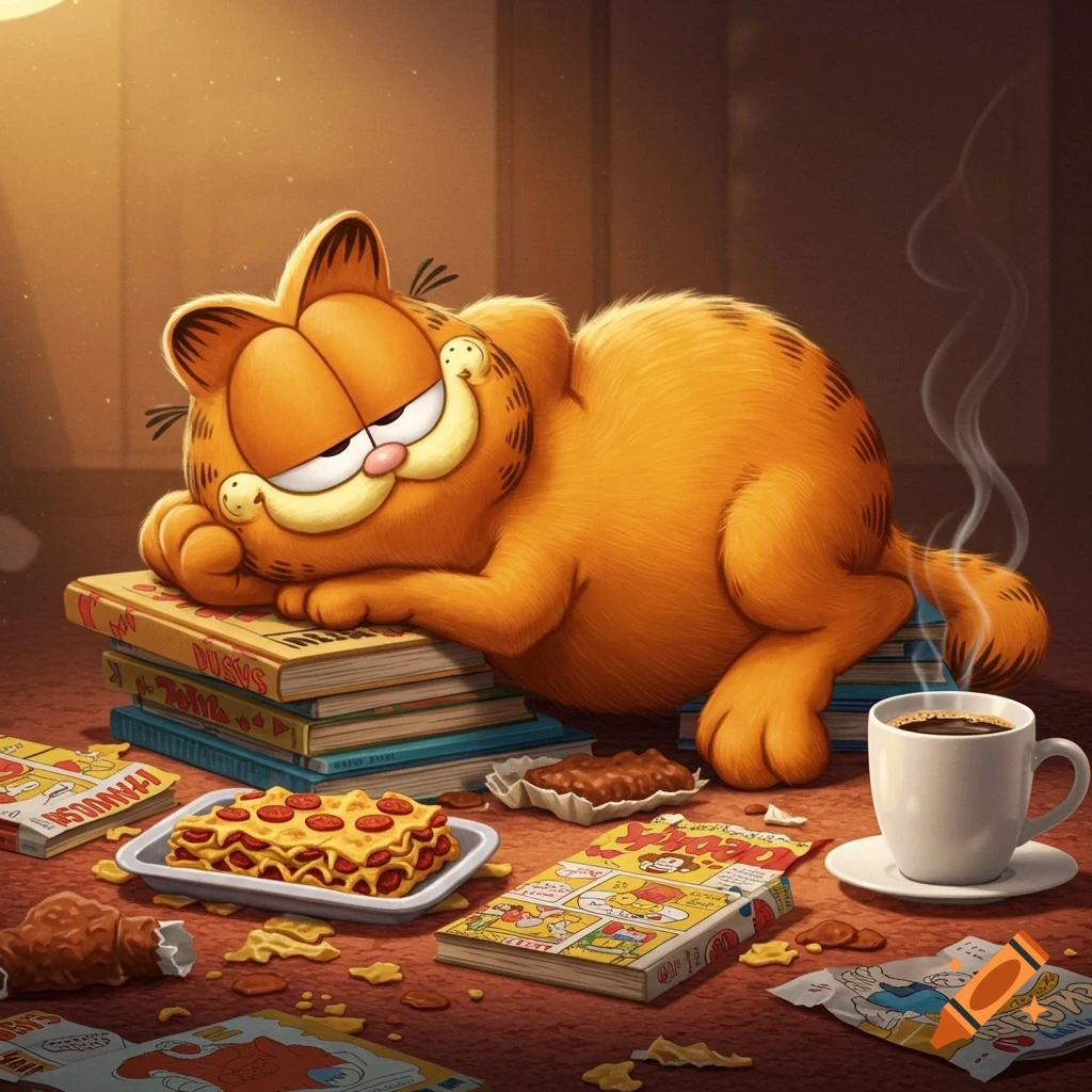 A cartoon Garfield, a large orange cat, sleeps on a stack of books. Lasagna, coffee, and comic books are scattered around him in a cozy indoor setting.