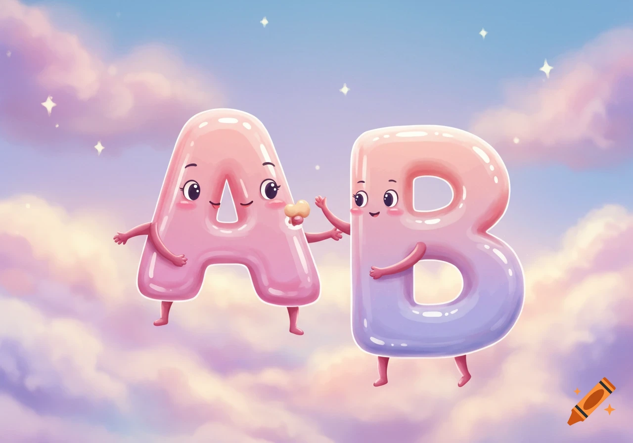 Cartoon letters A and B with faces, arms, and legs, floating in a pastel sky with clouds and stars. A offers a small item to B.