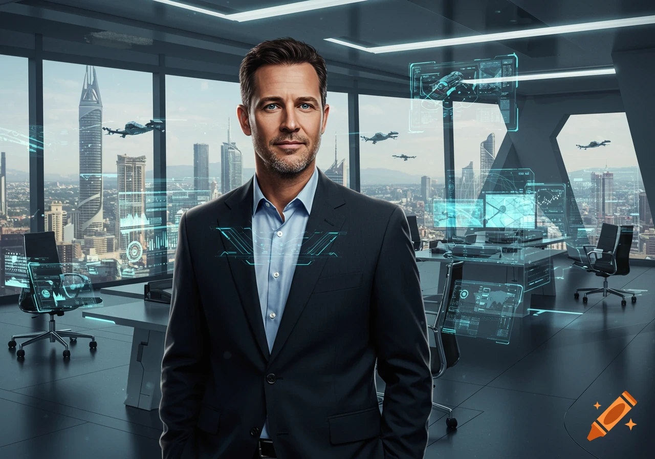 A confident man in a suit stands in a futuristic office with holographic screens and a city skyline.