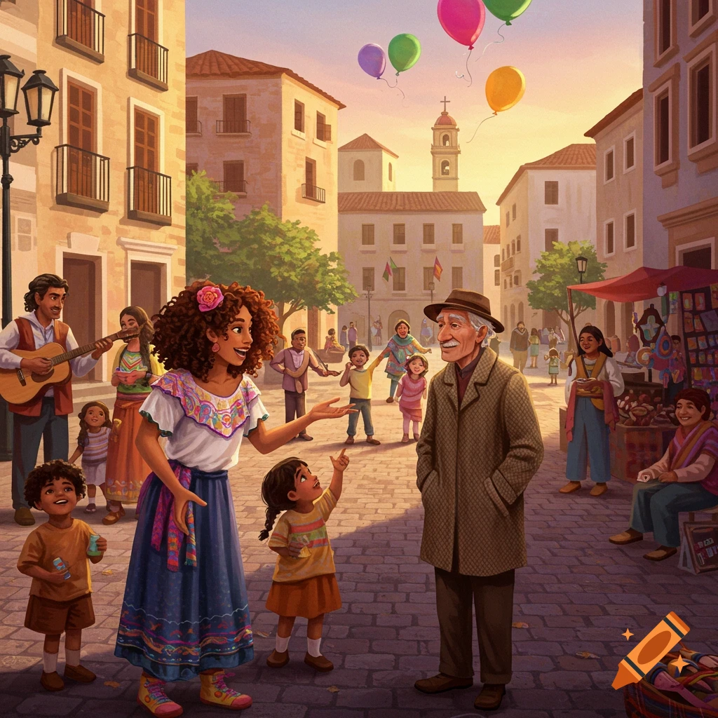 A lively illustration of a bustling town square with people, children, a musician, market stalls, and colorful balloons under a warm sky.