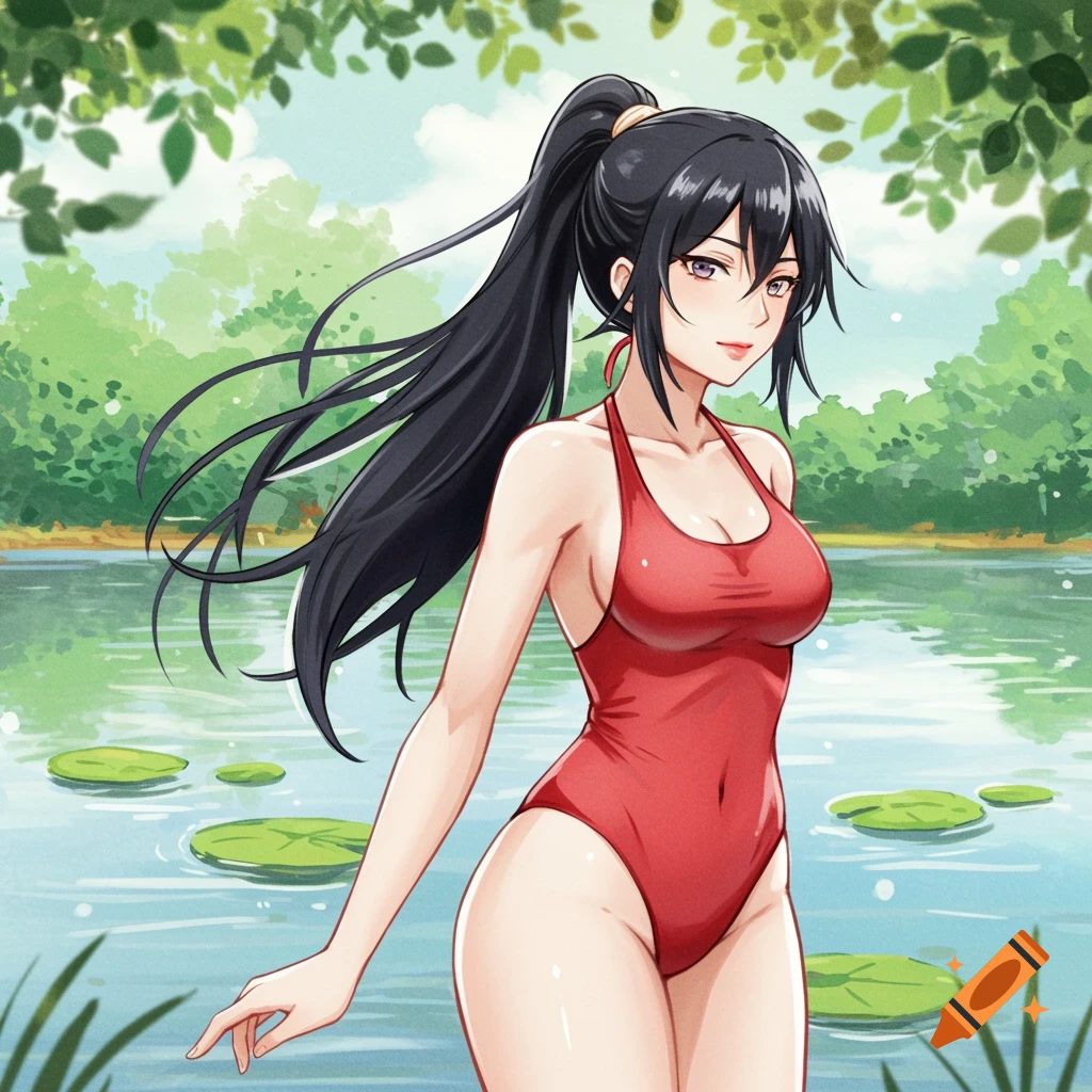 Watercolor illustration of an anime woman with black hair in a ponytail, wearing a red one-piece swimsuit by a lake with lily pads.