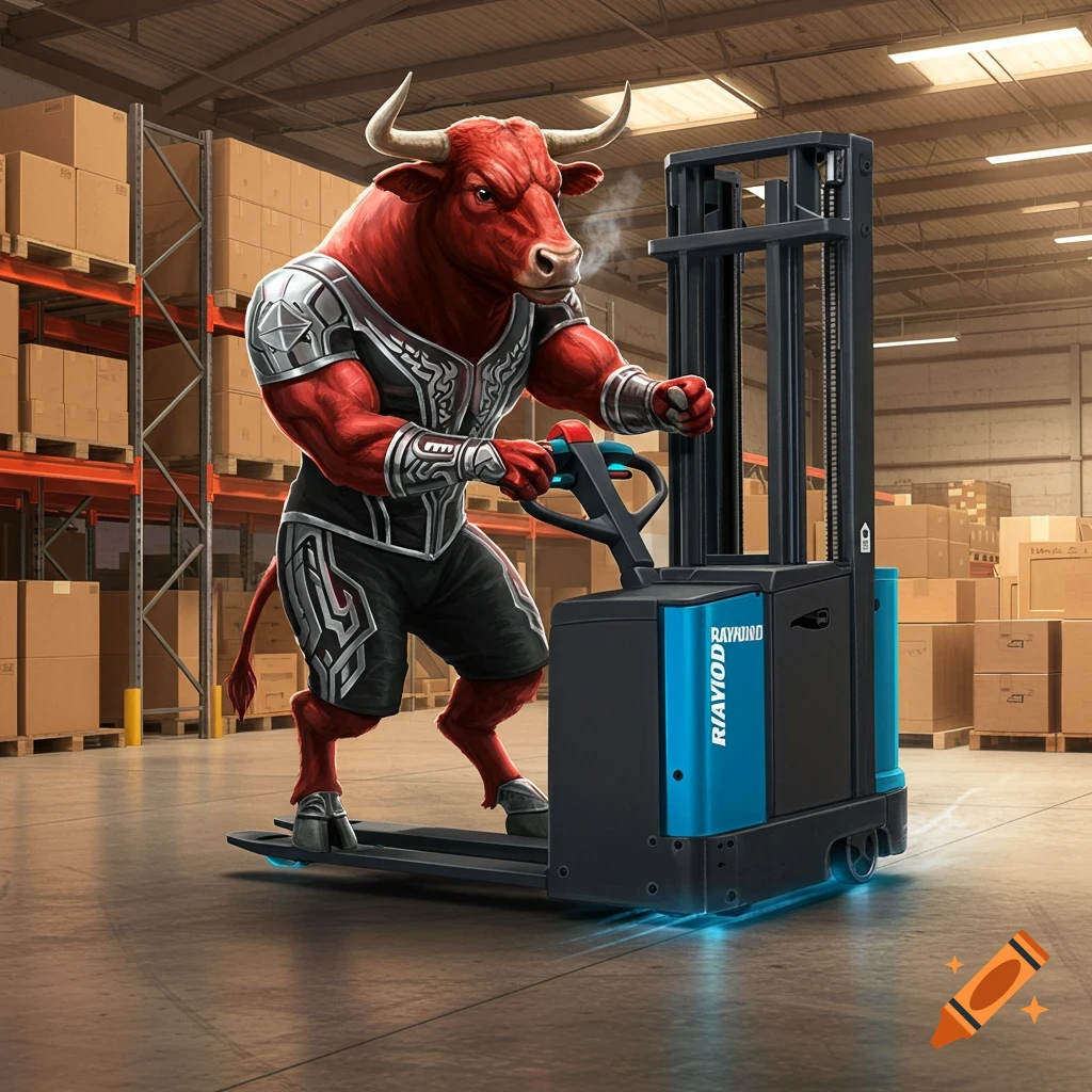 An anthropomorphic red bull, with powerful physique and silver armor, operates a blue and black electric pallet jack in a warehouse.