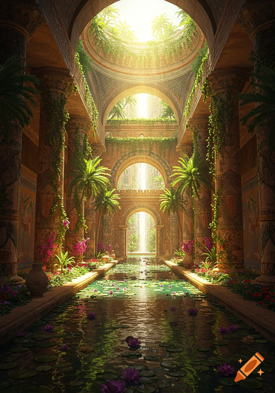 Sunlit Hanging Gardens of Babylon temple interior with waterfalls, palm trees, and lily-filled water canals.