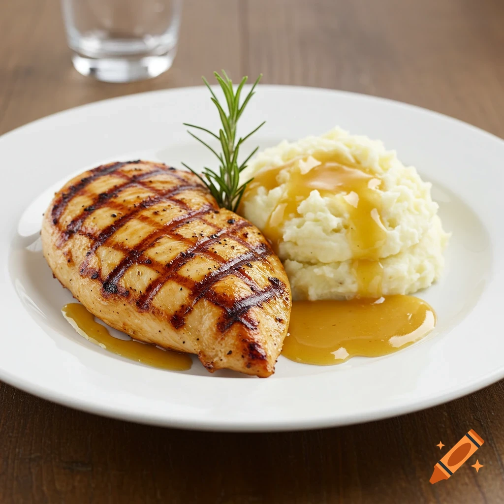 Grilled chicken breast with mashed potatoes, gravy, and rosemary on a white plate.