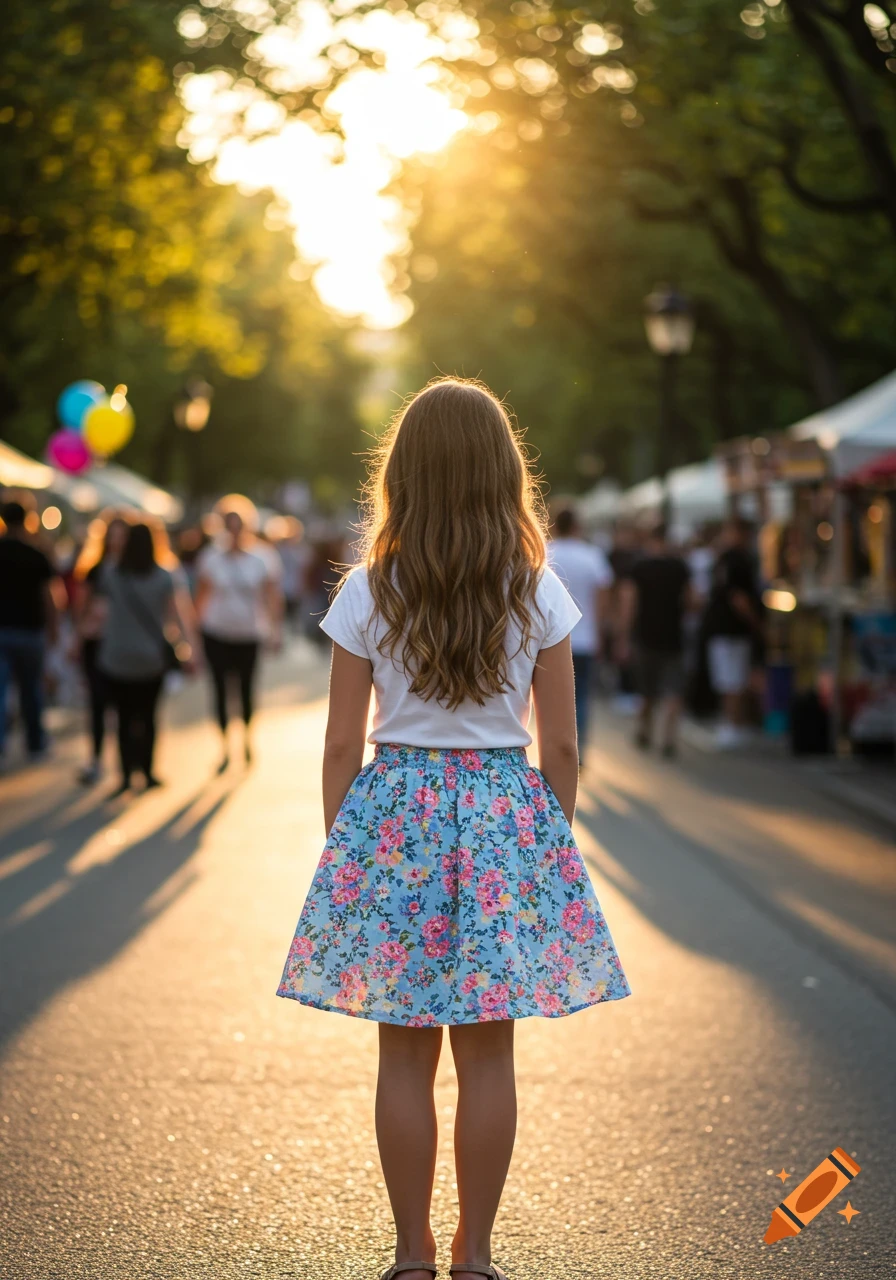 Young girl from behind wearing a white shirt and blue floral skirt, standing on a sunlit street with blurred people and market stalls at sunset.
