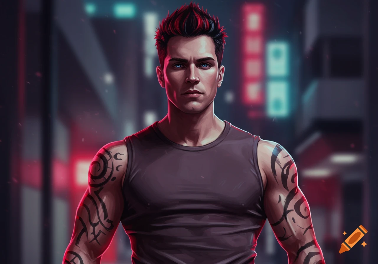 A stylized man with blue eyes, spiked black hair with red highlights, and tribal arm tattoos stands in a neon-lit city street.