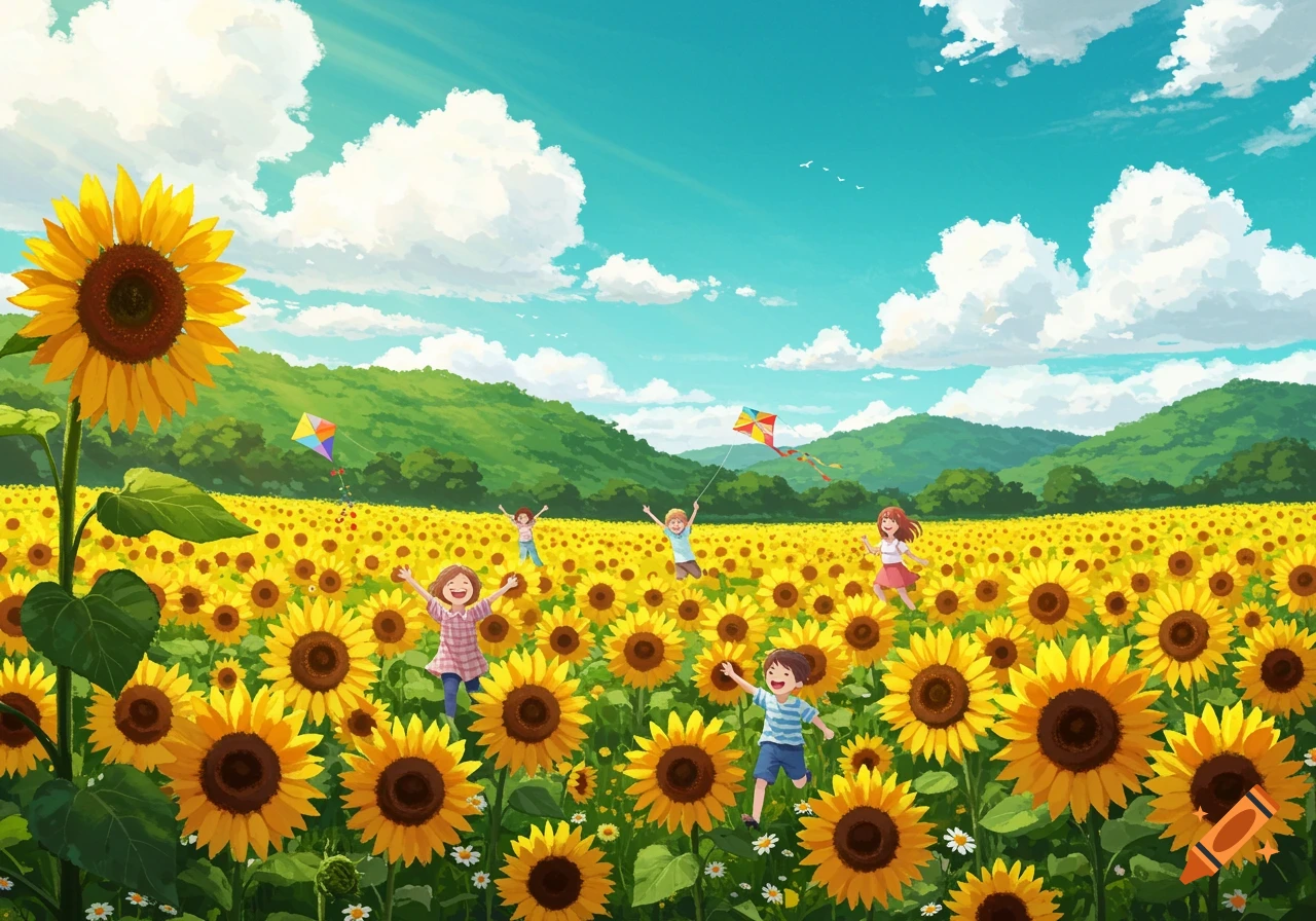 Happy children playing and flying colorful kites in a vibrant, illustrated sunflower field under a blue sky with clouds and green hills.