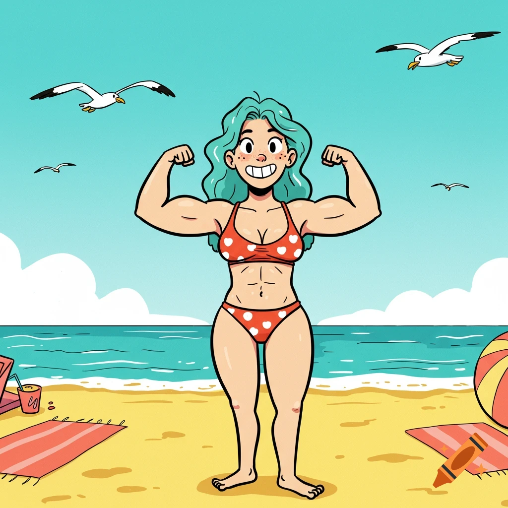 A cartoon woman with blue hair and freckles in a red heart-patterned bikini flexes her muscles on a sunny beach, with seagulls flying above.