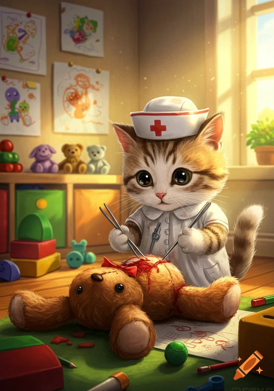 A cute kitten dressed as a nurse performs an 'autopsy' on a teddy bear on the floor of a sunlit playroom filled with toys.