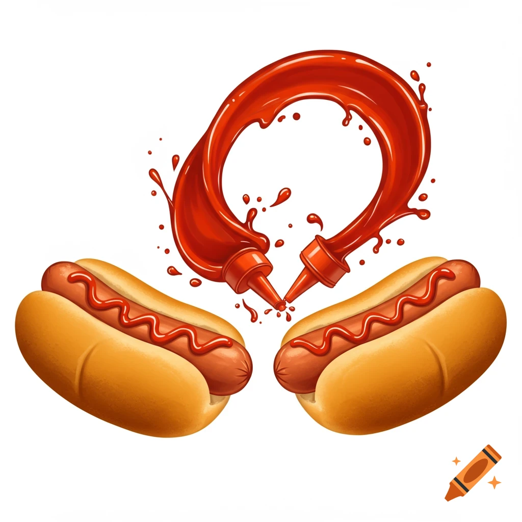 Two hot dogs with ketchup on a white background. Ketchup squirts from an invisible bottle between them, forming a loop over one hot dog, in a cartoonish style.