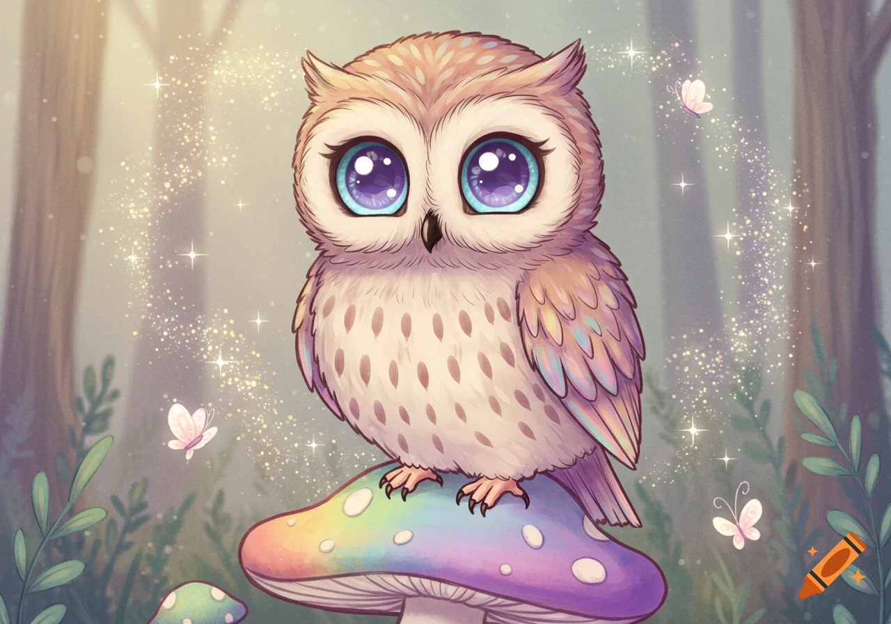 A cute, cartoon owl with large purple eyes sits on a rainbow mushroom in a magical, sparkling forest illustration.