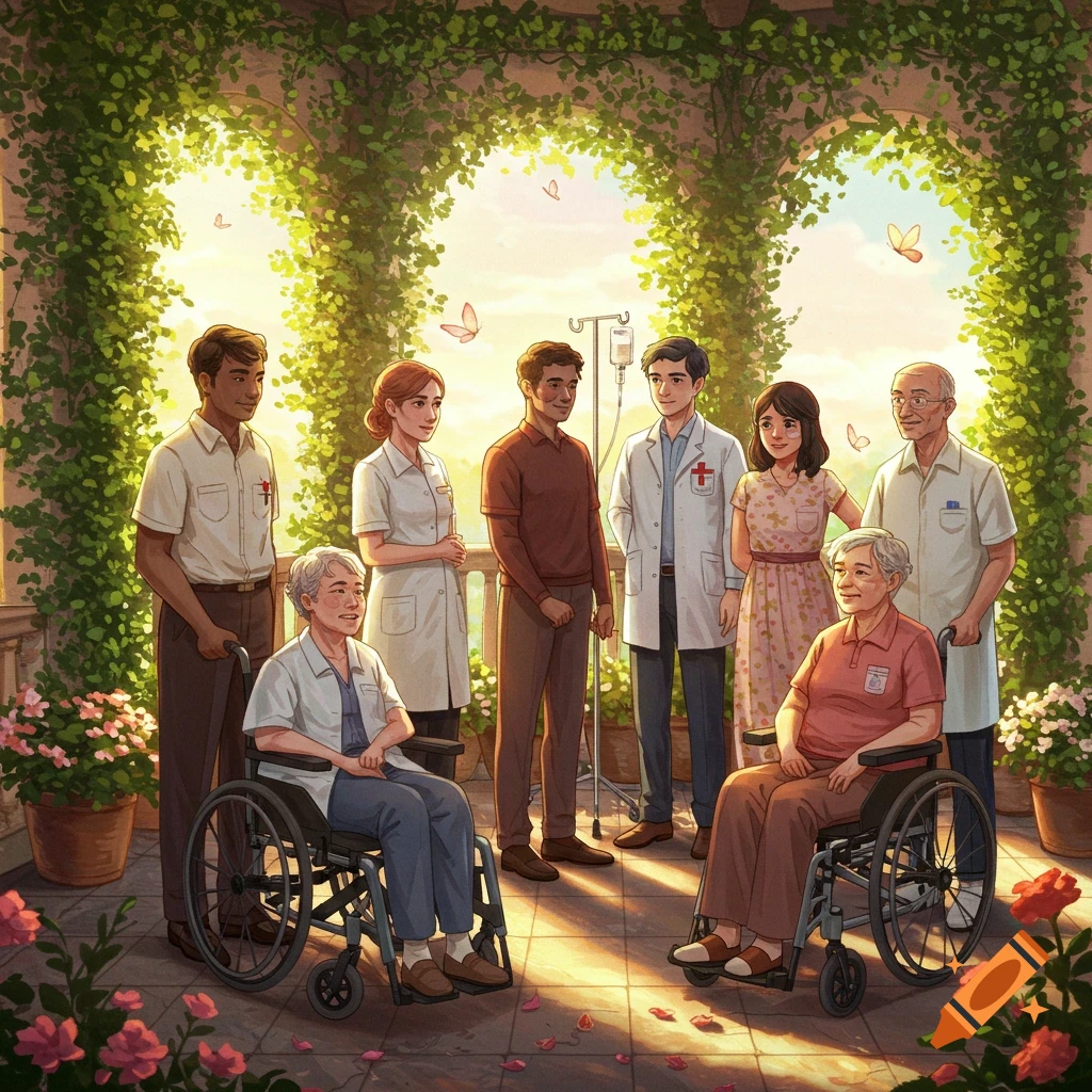 An illustration of medical staff and elderly patients in wheelchairs gathered in a sunlit garden archway, with an IV stand nearby.