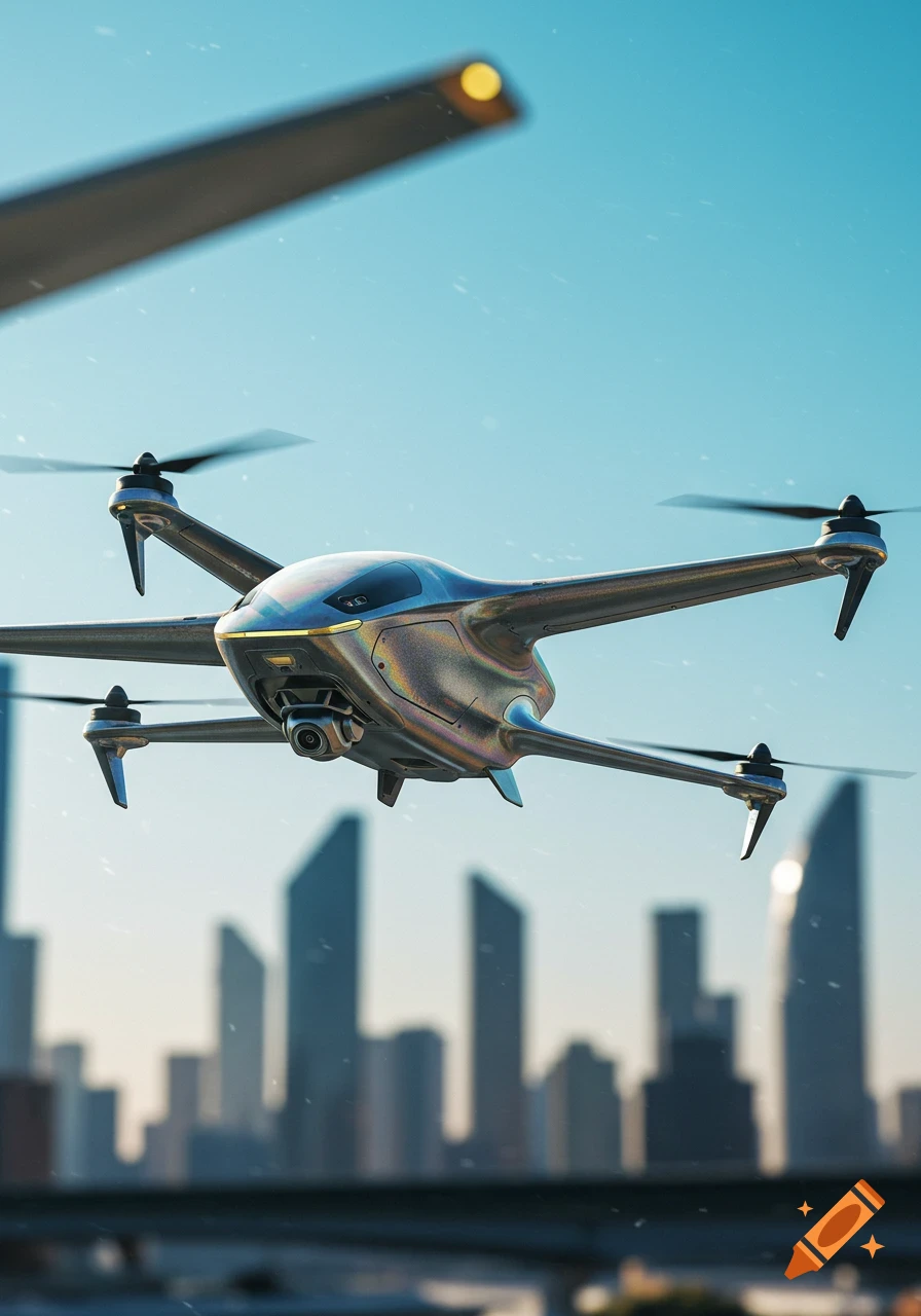 A futuristic iridescent drone with four propellers flies over a blurred city skyline against a clear blue sky.