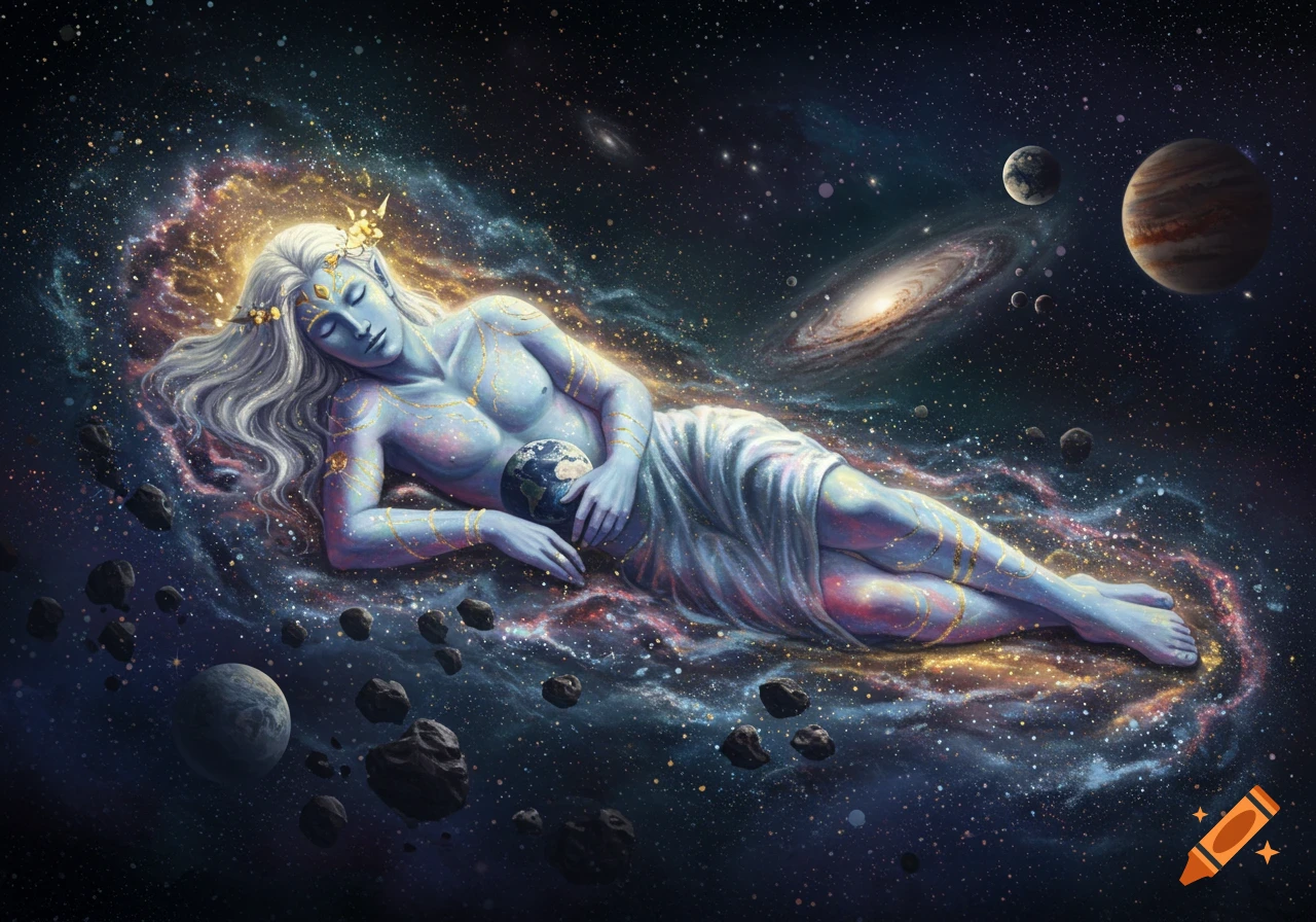 A sleeping blue-skinned god with white hair lies in space, cradling Earth amidst stars and galaxies.