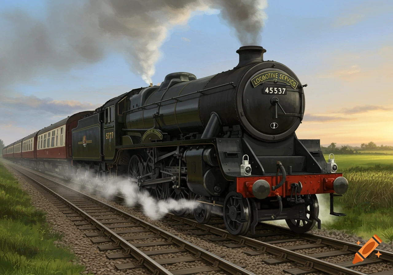 A black steam locomotive with red and cream passenger cars trails smoke on tracks through a green field under a partly cloudy sky at sunset.