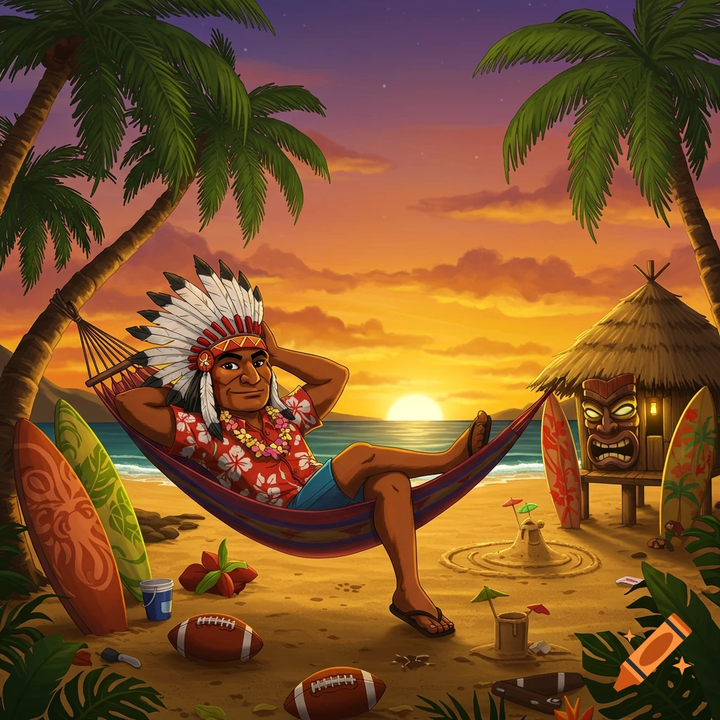 A cartoon chief mascot in a Hawaiian shirt relaxes in a hammock on a beach with palm trees, surfboards, a tiki hut, and footballs at sunset.