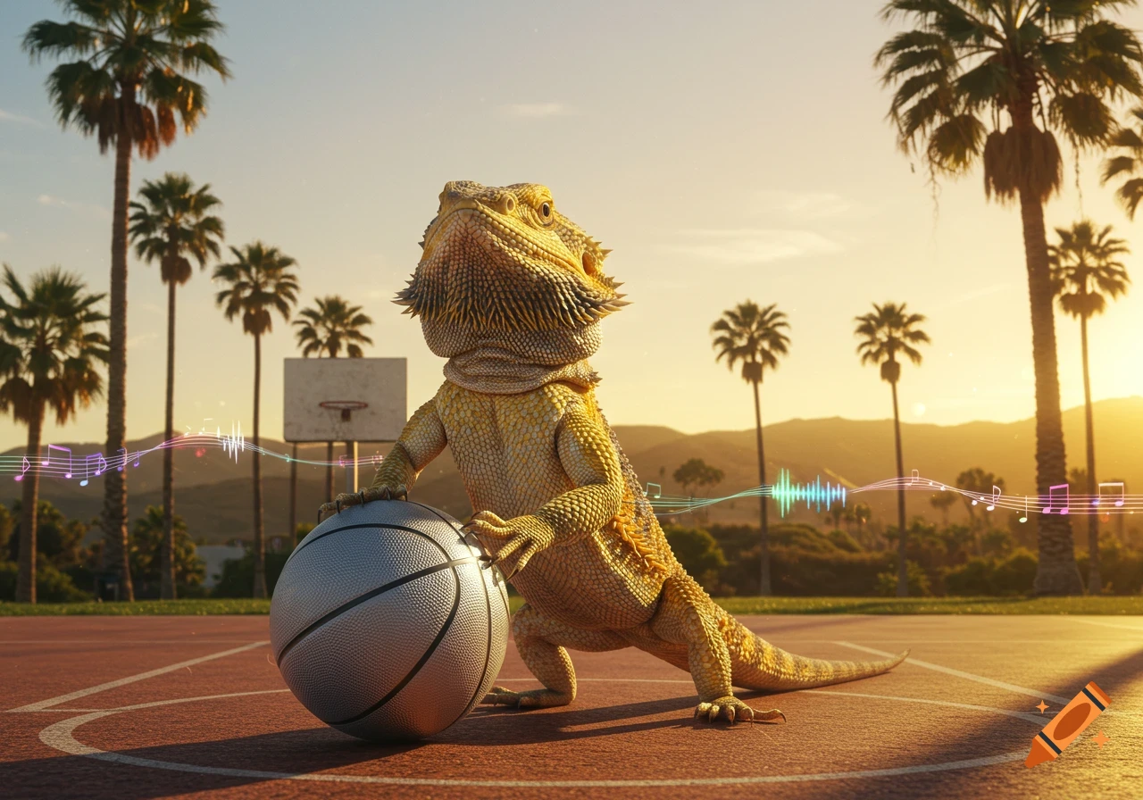 A photorealistic bearded dragon plays basketball on an outdoor court at sunset, with musical notes and palm trees.