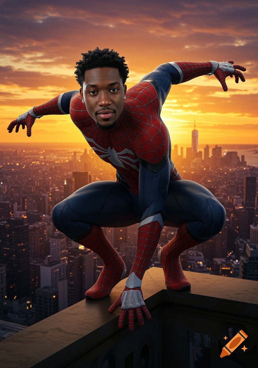 Malik Nabers as Spider-Man crouches on a rooftop overlooking a city at sunset, photorealistic style.