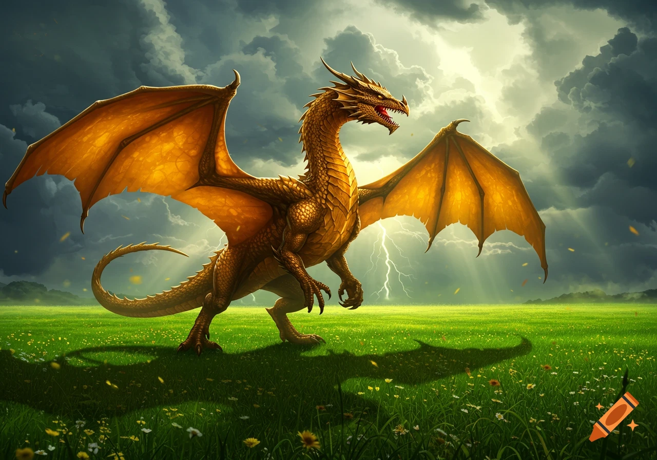 A majestic golden dragon with wide wings stands in a vibrant green field under a stormy sky with lightning.