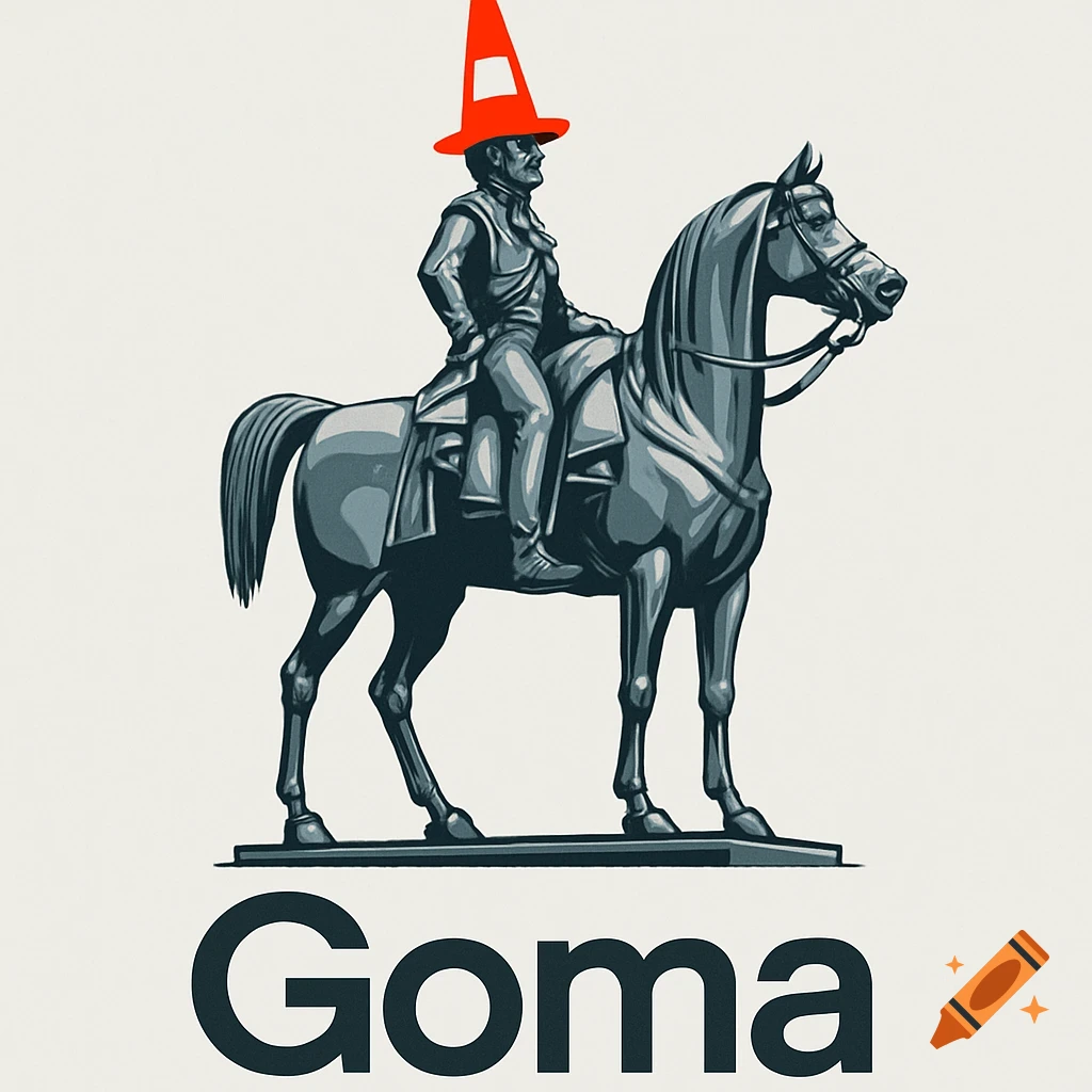 A minimalist illustration of a dark grey statue of a man on a horse, with an orange traffic cone on the man's head, above the word 'Goma'.
