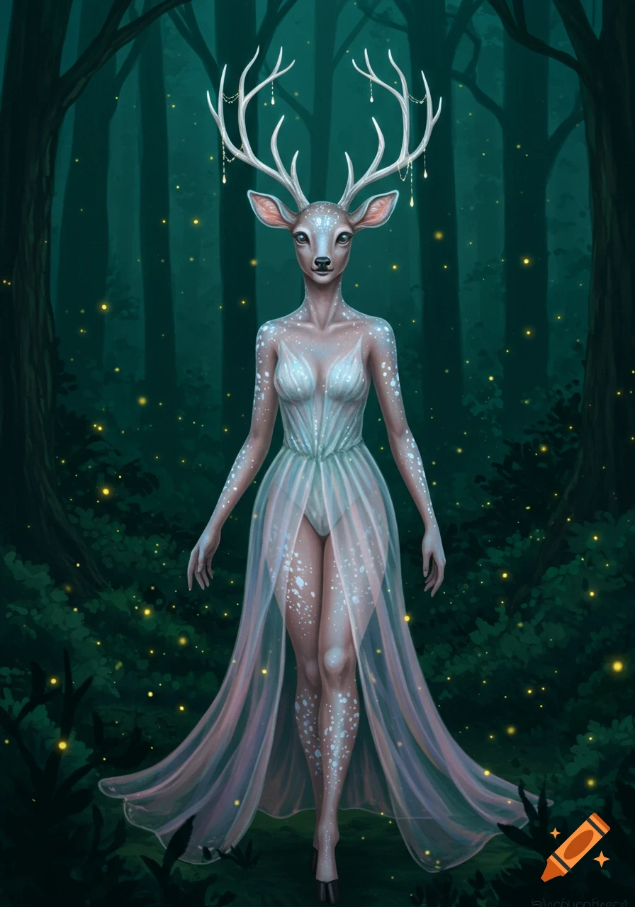 A mystical deer woman in a flowing translucent gown with jeweled antlers stands in a dark, glowing forest.