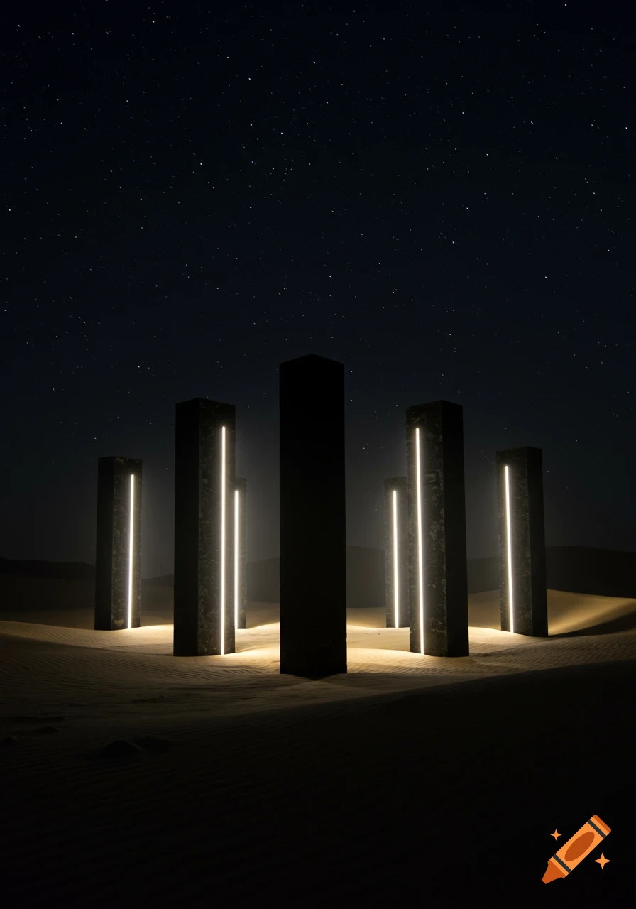 Seven dark rectangular pillars with glowing lights stand in a desert under a star-filled night sky.