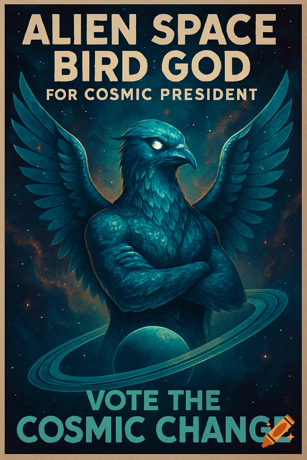 Vintage-style sci-fi political poster for 'Alien Space Bird God for Cosmic President' featuring a muscular, winged bird with glowing eyes.