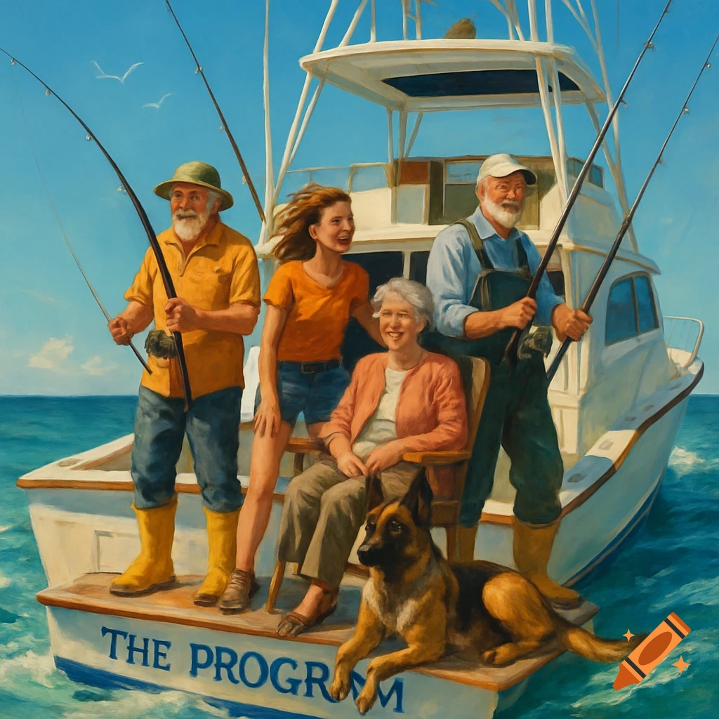 A painting of two men, a woman, a girl, and a dog on a fishing boat named 'THE PROGRAM' on the open sea under a clear blue sky.