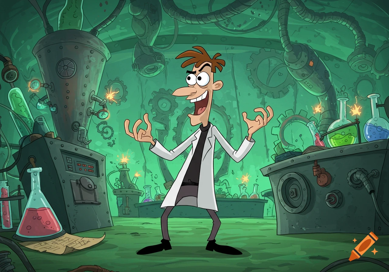 Dr. Doofenshmirtz, an animated cartoon character, stands maniacally in his vibrant green, messy laboratory, filled with beakers and machinery.