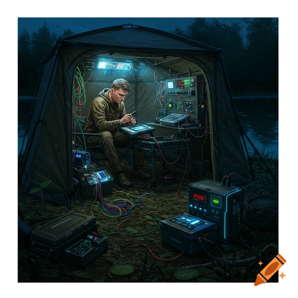 A man in a tent at night surrounded by glowing, complex electronic equipment and tangled wires, next to a lake.