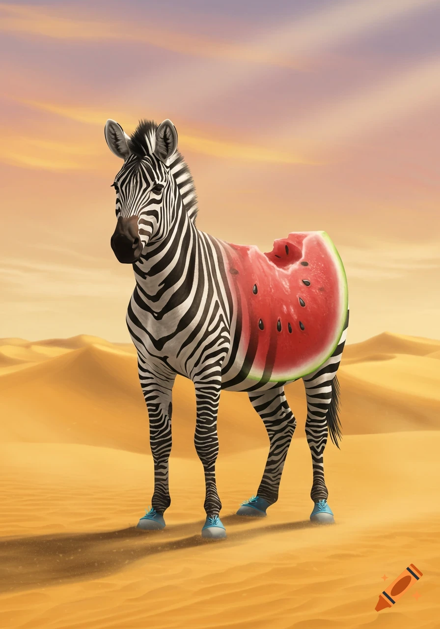 A surreal zebra with a watermelon midsection and blue shoes stands in a desert under a colorful sky.