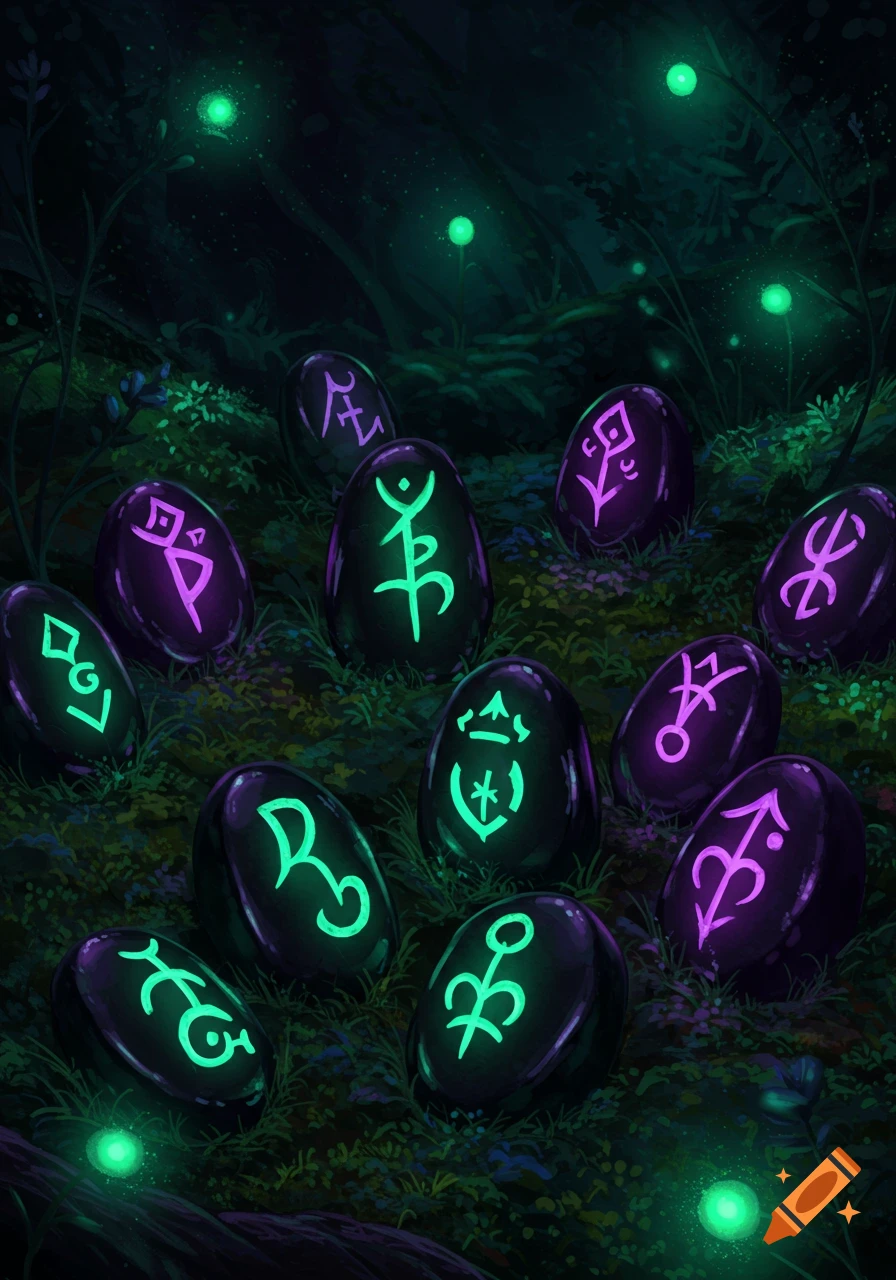 Glowing fantasy symbols on dark stones in a magical forest at night, with luminous plants and foliage.