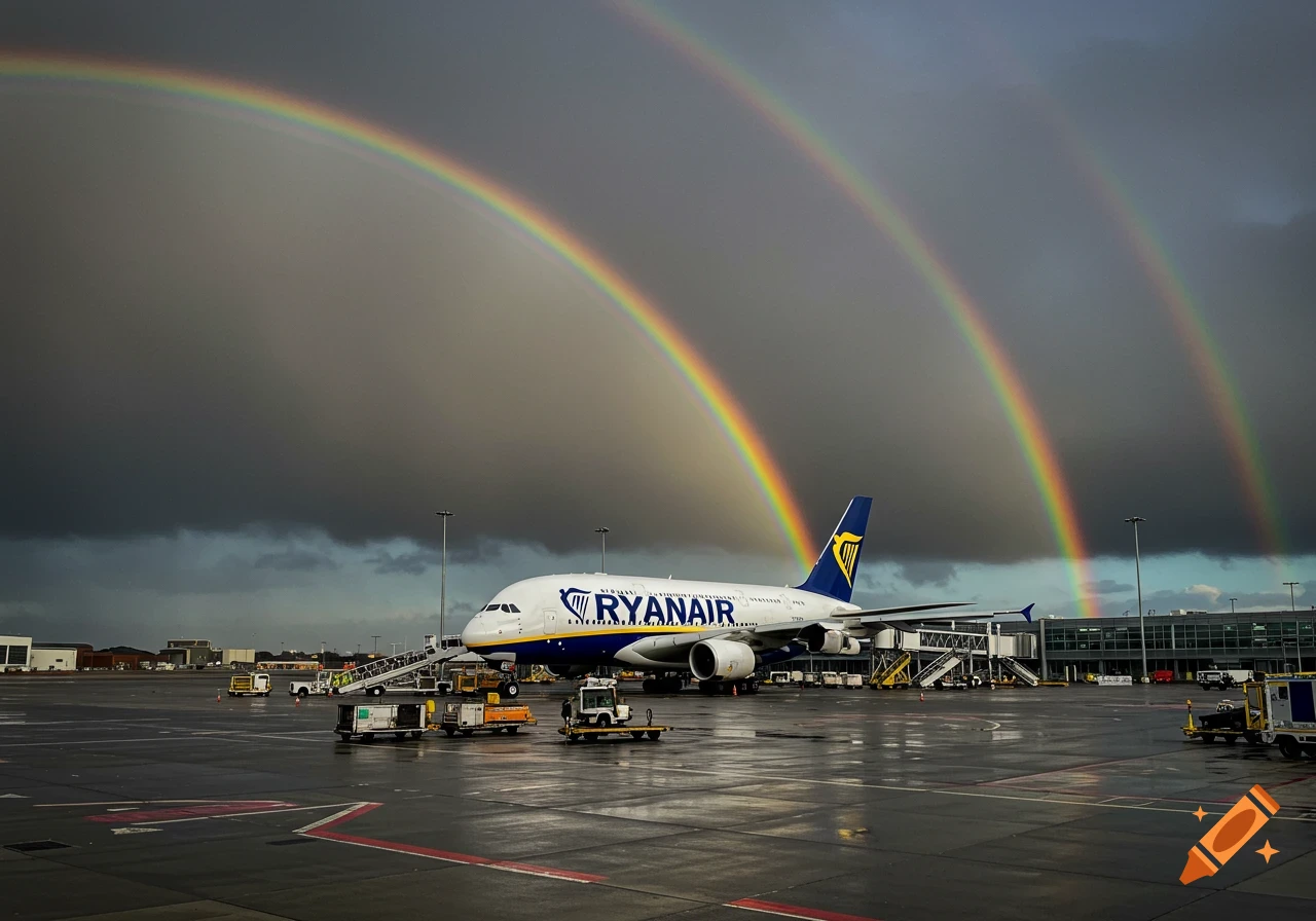 A Ryanair A380 airplane is parked at Manchester airport under a dramatic sky with a triple rainbow.