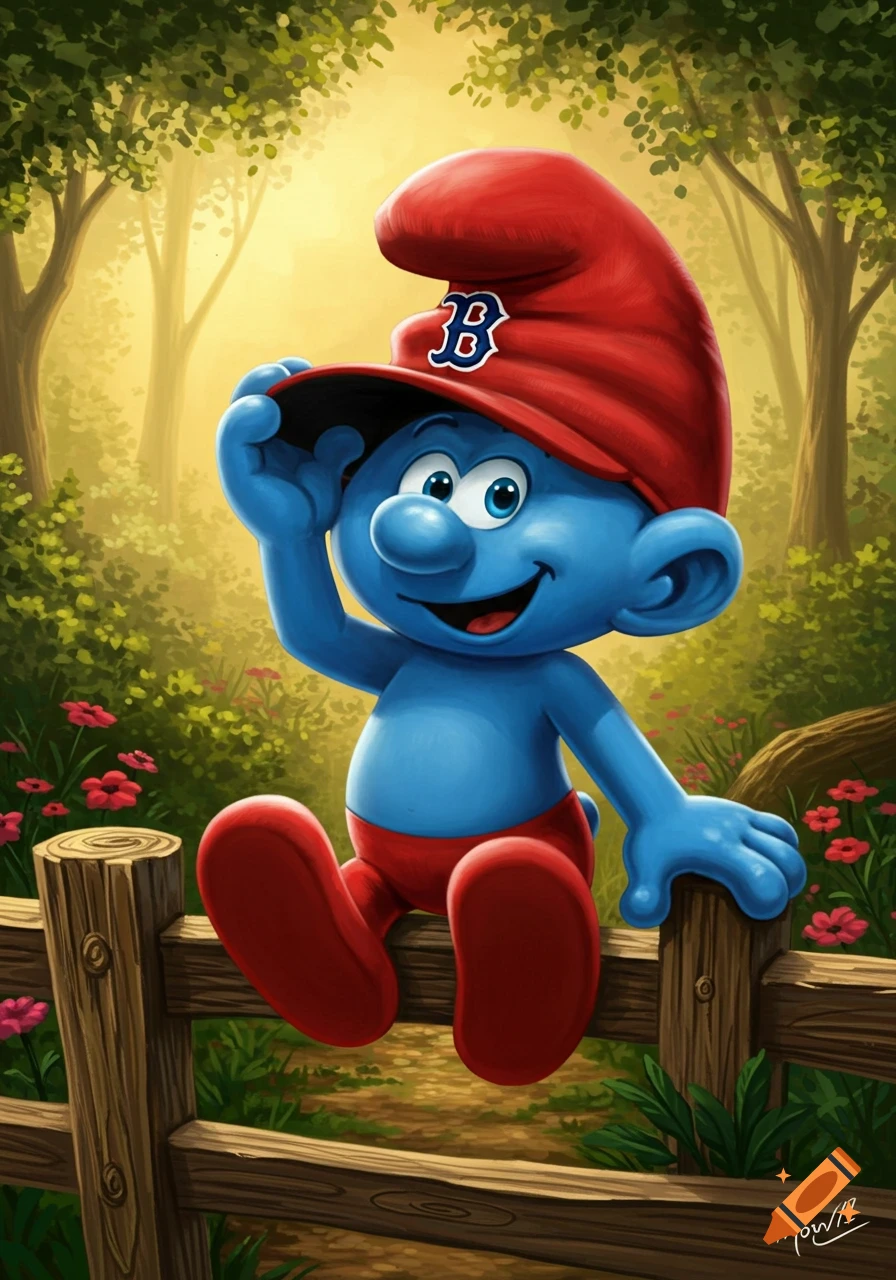A blue Smurf character in red pants and a red Boston Red Sox baseball cap sits smiling on a wooden fence in a sunny forest.
