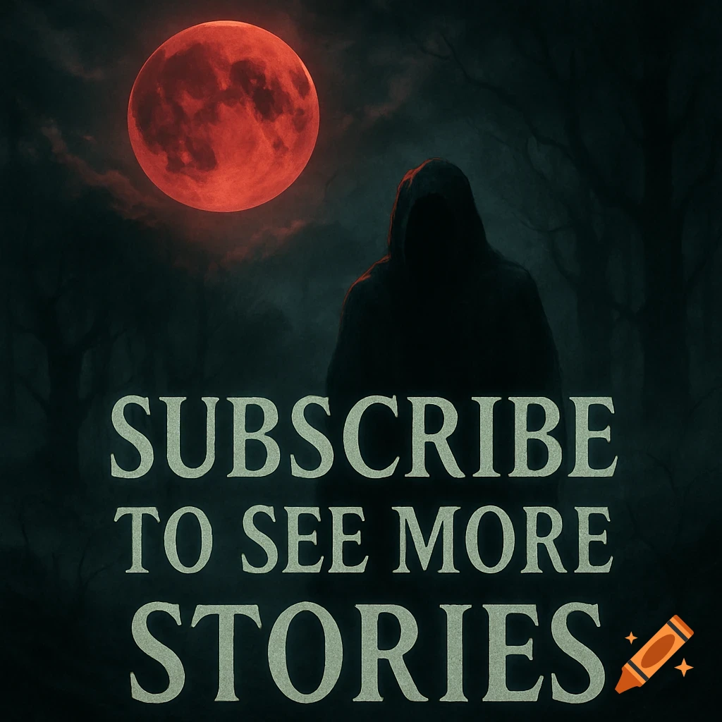 A shadowy hooded figure in a dark, misty forest under a large, glowing red moon. Text reads: SUBSCRIBE TO SEE MORE STORIES.