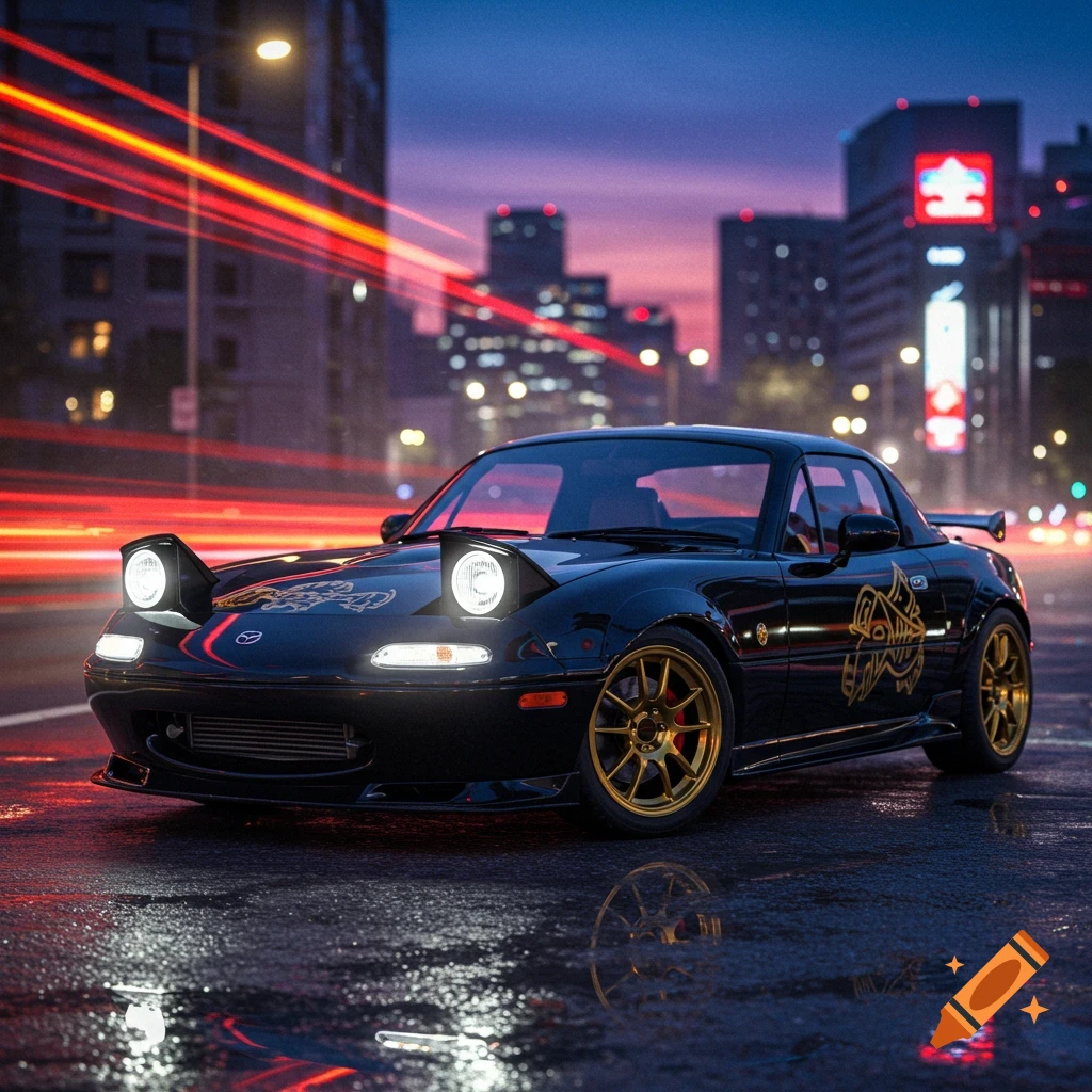 A black Mazda Miata with pop-up headlights and gold wheels and decals is parked on a wet city street at dusk, with blurred red light trails and city lights in the background.