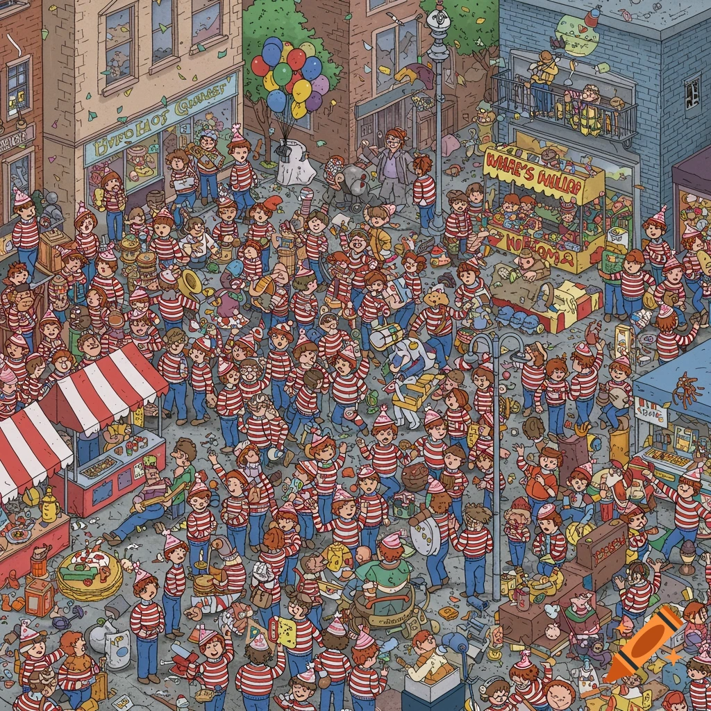 A busy isometric illustration of a street scene packed with hundreds of cartoon people all dressed like Waldo.