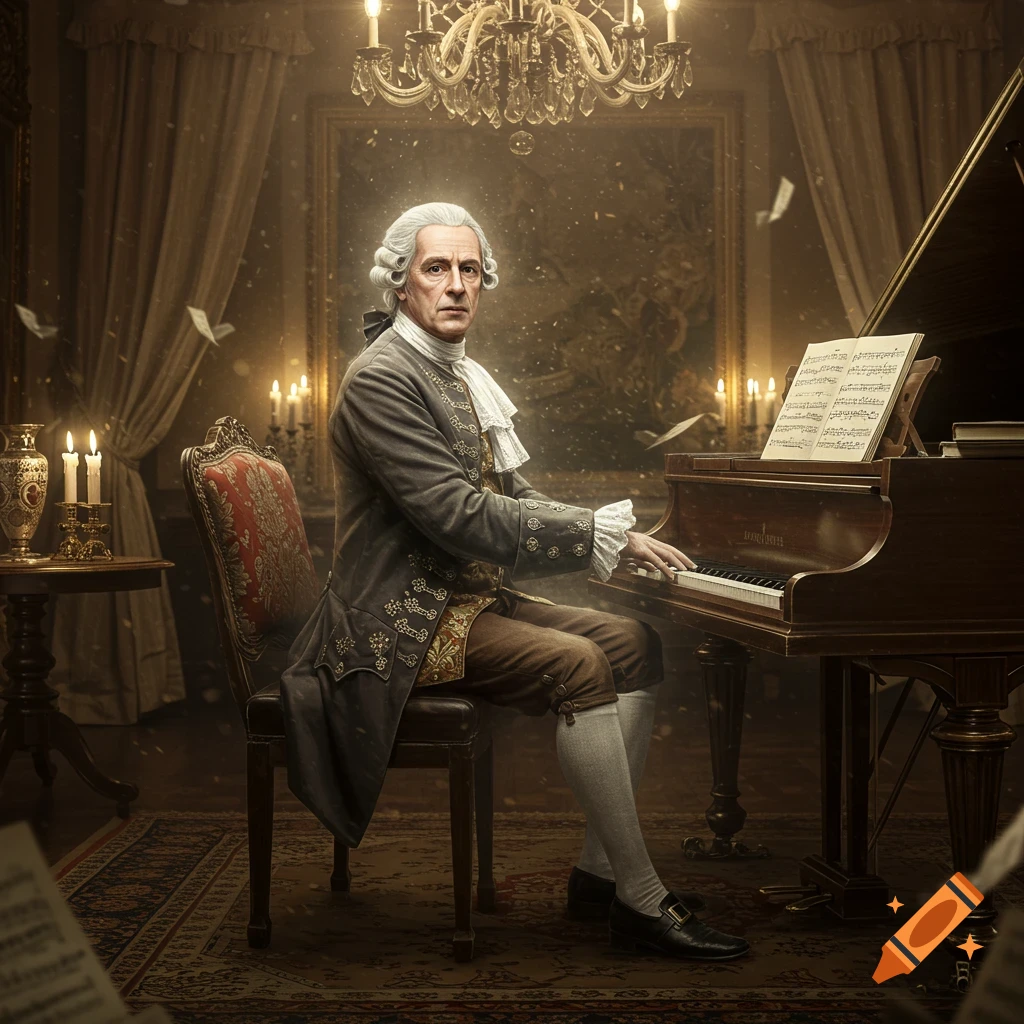 A serious classical composer with a powdered wig plays a grand piano in a dimly lit, ornate room. Sheet music and candles are visible.