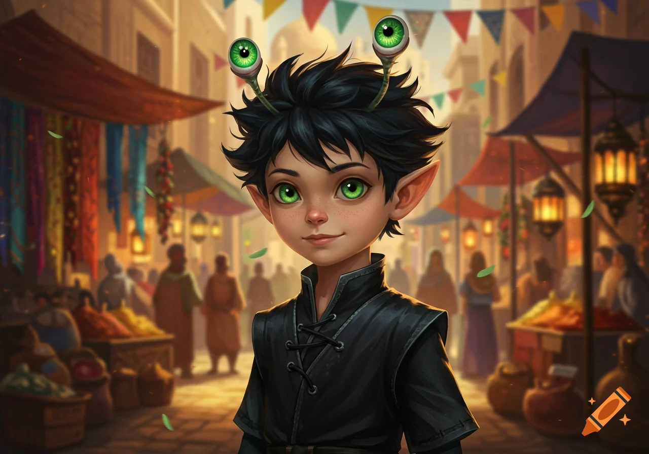 A cartoonish merchant boy with green eyes, dark messy hair, and green eyestalks stands in a vibrant marketplace.