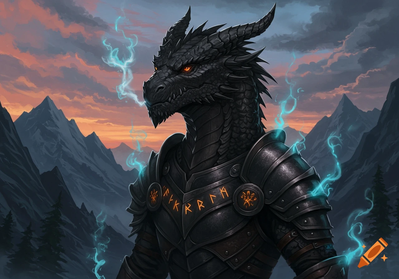 A dark-scaled dragonborn warrior in ornate black armor with glowing runes stands against a dramatic mountain sunset, with blue magical wisps emanating from their body.