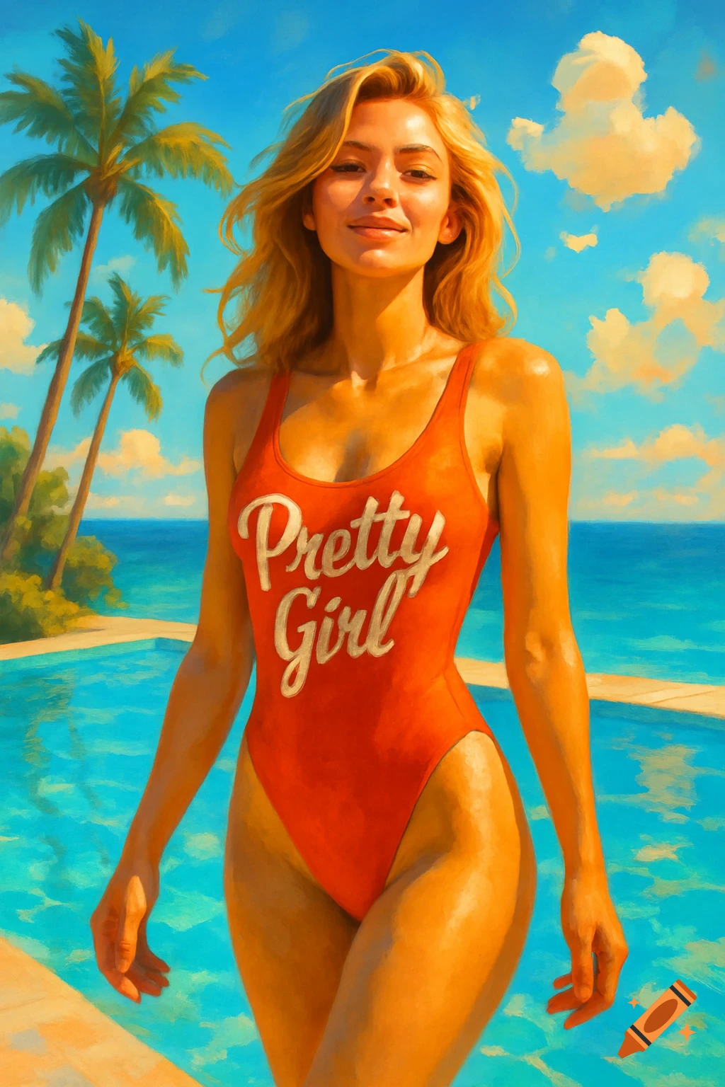Blonde woman in red 'Pretty Girl' swimsuit by a tropical pool and ocean, in a vibrant painterly style.