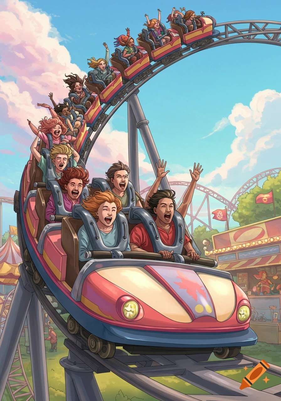 An illustration of many diverse people with happy, screaming faces riding a colorful rollercoaster at an amusement park under a blue sky.