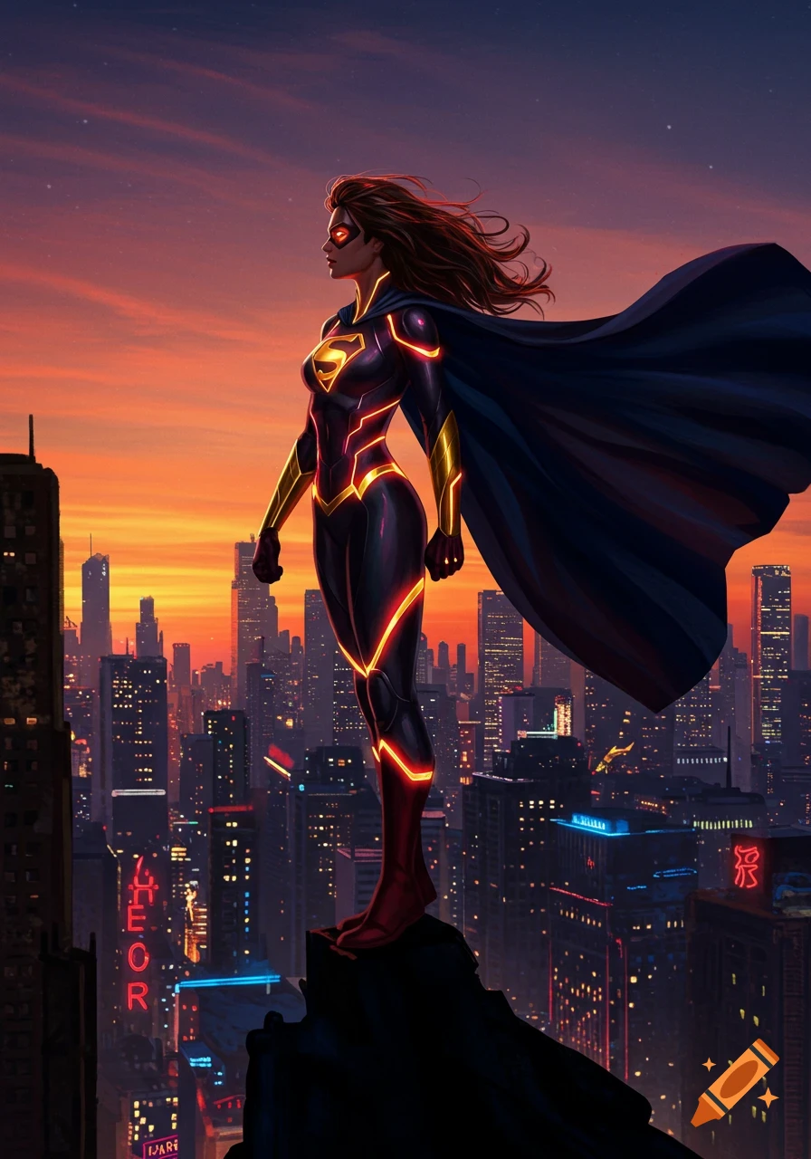 A female superhero with a dark suit, gold and red glowing accents, and a blue cape, stands on a skyscraper overlooking a futuristic city at sunset in a comic art style.