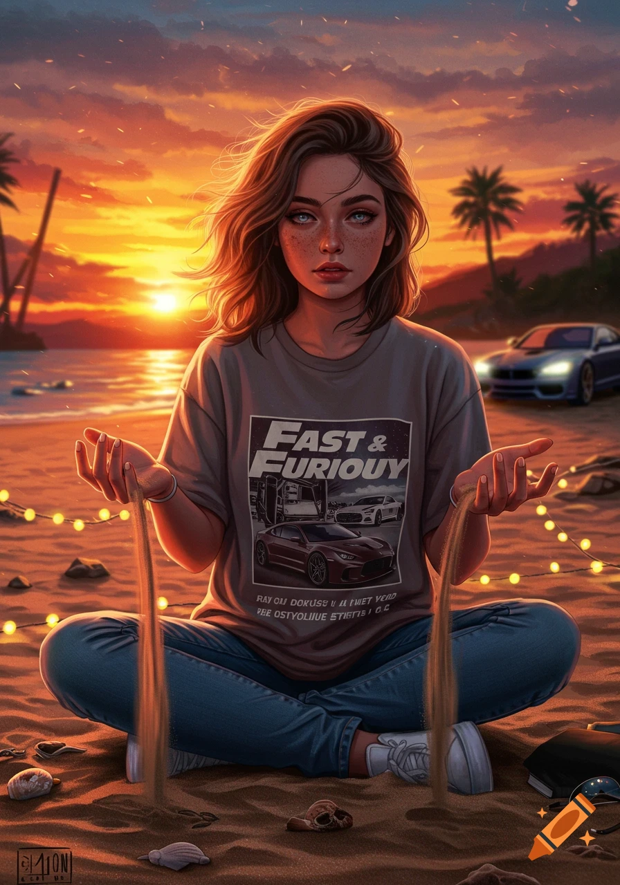 Digital art portrait of a woman with red hair sitting cross-legged on a beach at sunset, sand sifting through her hands. She wears a 'Fast & Furious' t-shirt.