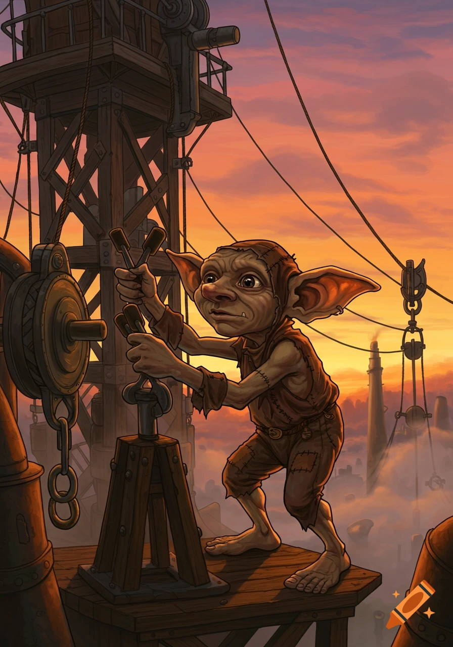 An expressive goblin operating large steampunk-like machinery high above a cloud-covered city at sunset, cartoon illustration.