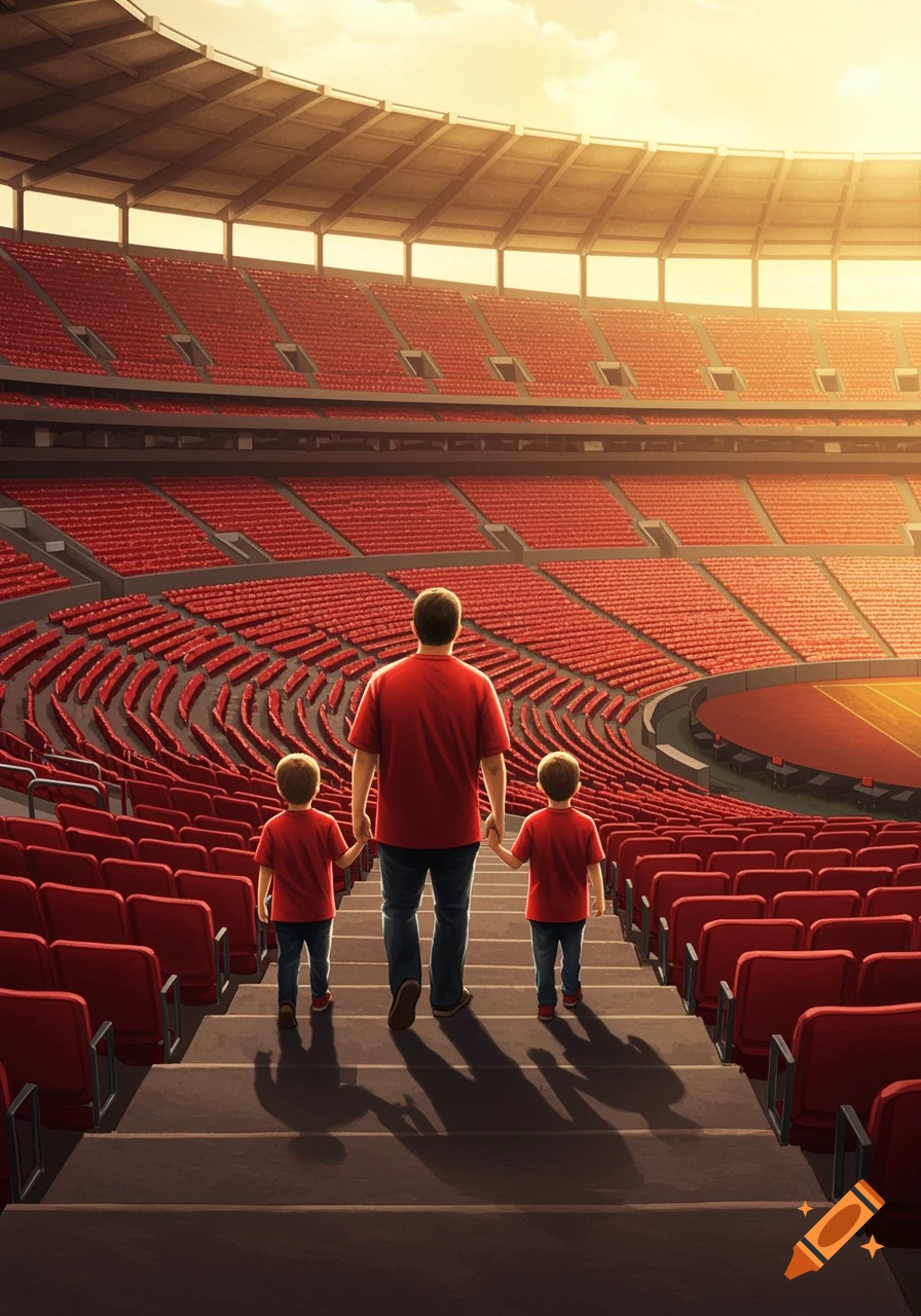 An illustration from behind of a father and two sons in matching red shirts walking down stadium steps, towards a sunlit field with rows of empty red seats.