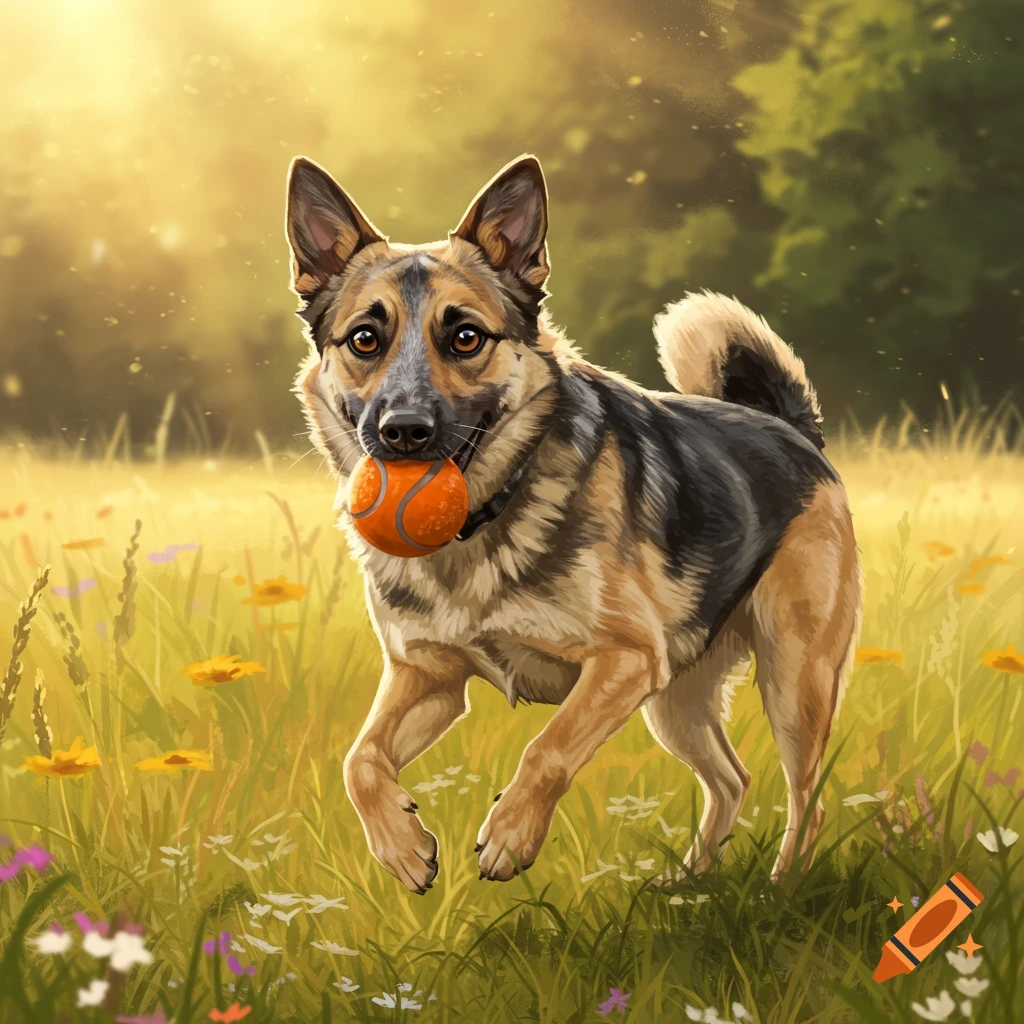 A happy German Shepherd-like dog with an orange ball in its mouth runs through a sunny, flower-filled meadow.