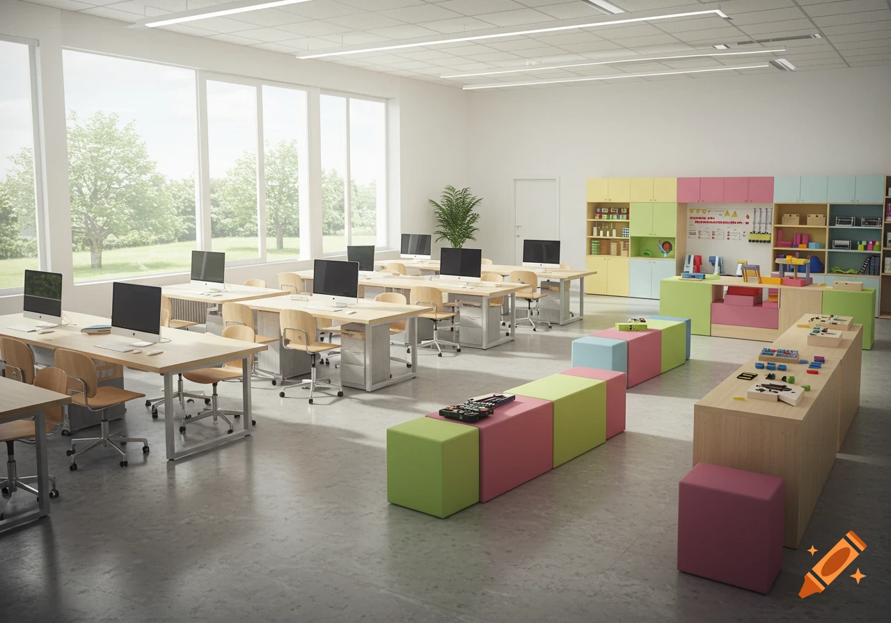 A bright, modern computer lab classroom with rows of desks, computers, colorful storage, and an activity area with large windows.
