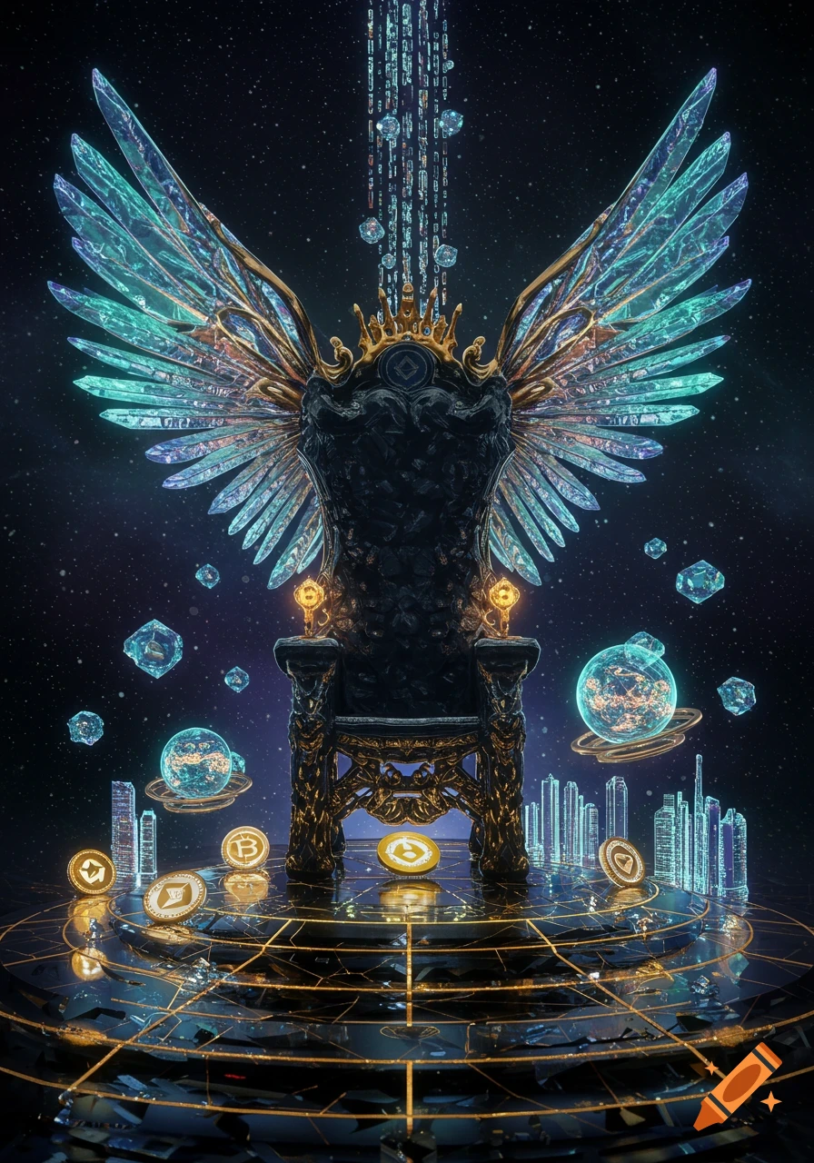 A colossal obsidian and gold throne with iridescent data-crystal wings sits on an infinity-mirror platform, surrounded by glowing crypto coins, planets, and cities in a cosmic dataverse.
